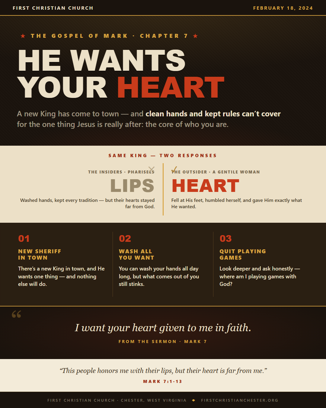 There's a new sheriff in town, and the one thing he wants from you is your heart — the core of you, handed over in faith — not clean hands or religious performance.