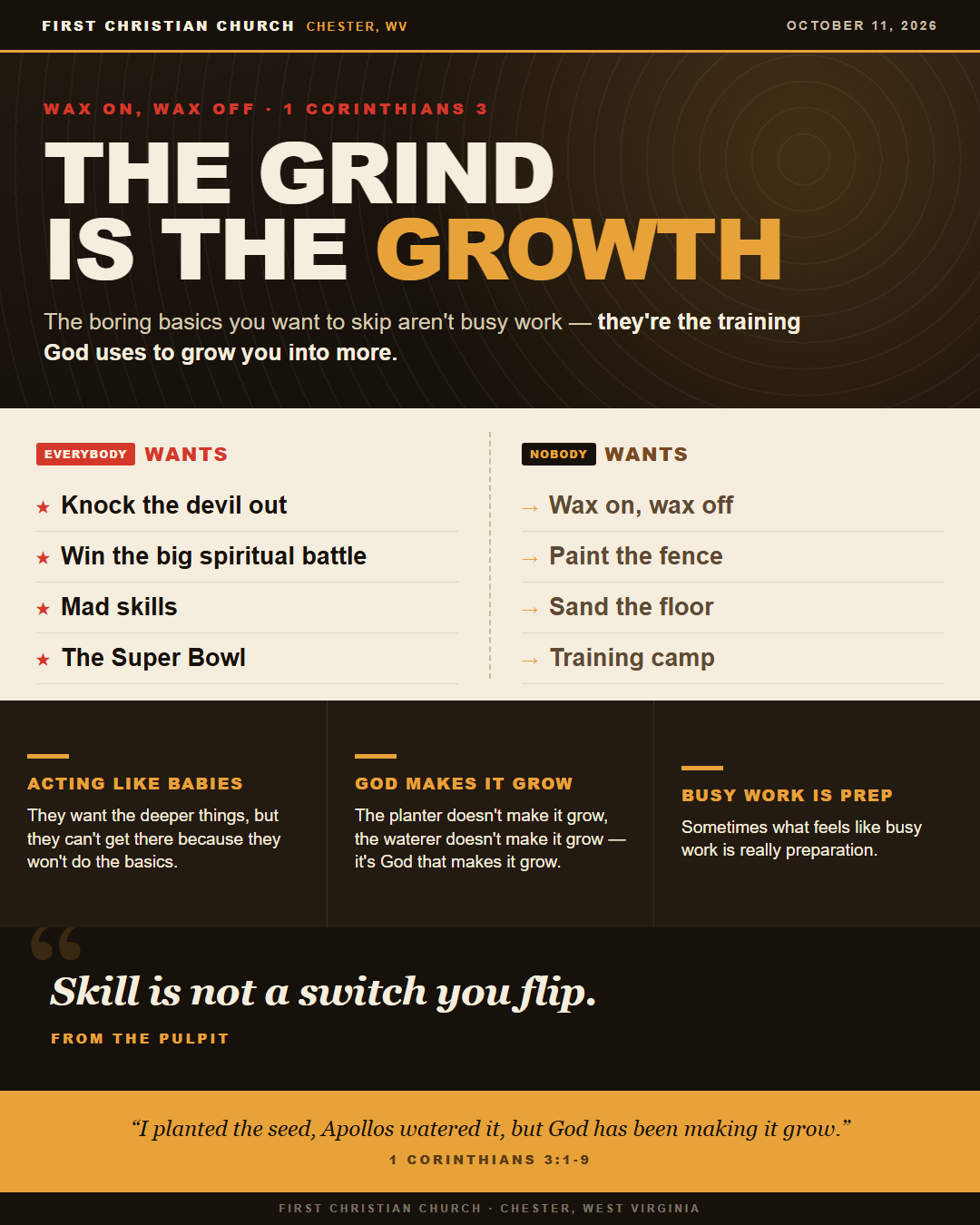 Wax on, wax off is the karate — the basics you keep trying to skip are exactly how God grows you into the real thing.